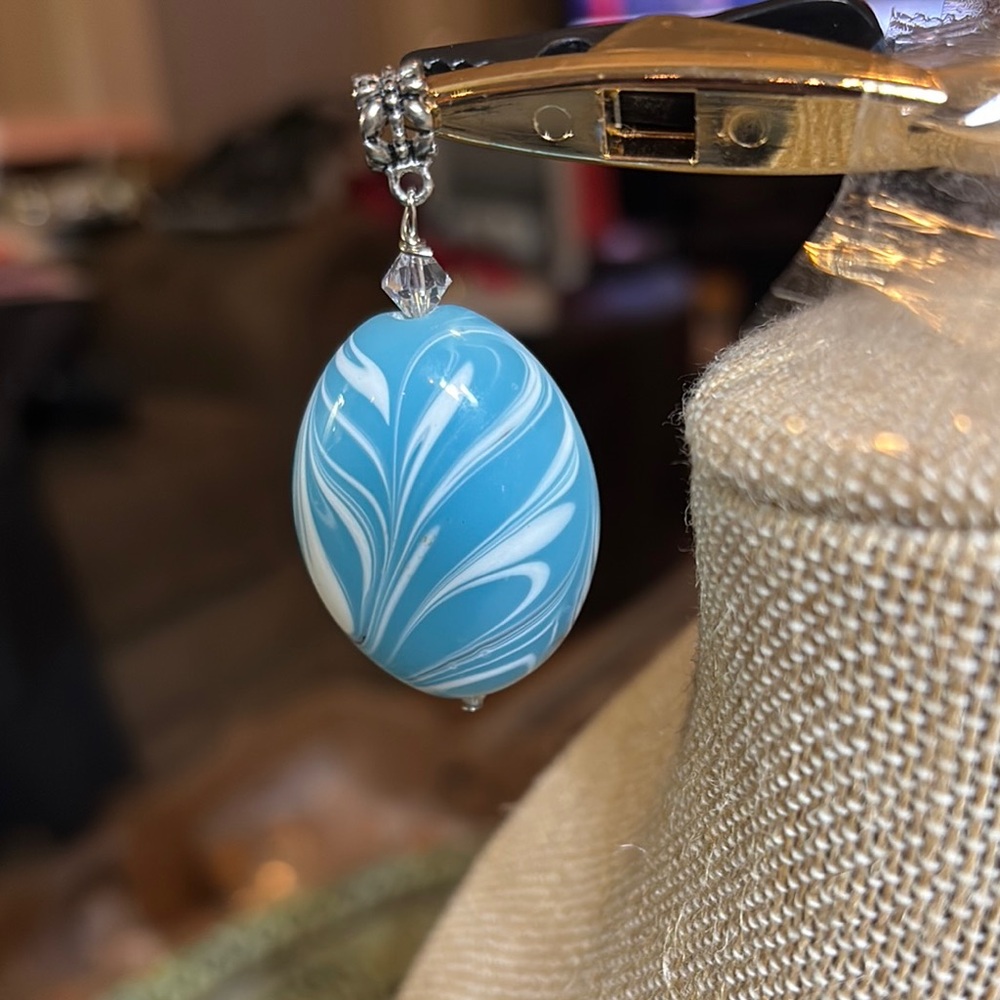 Beautiful Blue Swirl pendant with silver/rhinestone accents 2.24”+ length